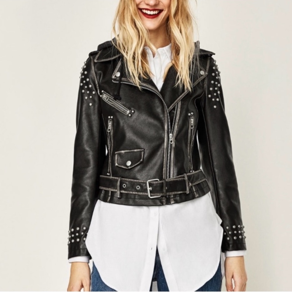 Zara Black Faux Leather Jacket with Studs Size M